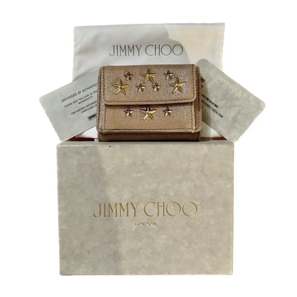 JIMMY CHOO NEMO STAR STUD METALLIC DENIM TRIFOLD WALLET RARE - Picture 1 of 11